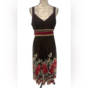 Signature by Robbie Bee 100% Silk Floral Border Midi Dress Size 10 Brown Red